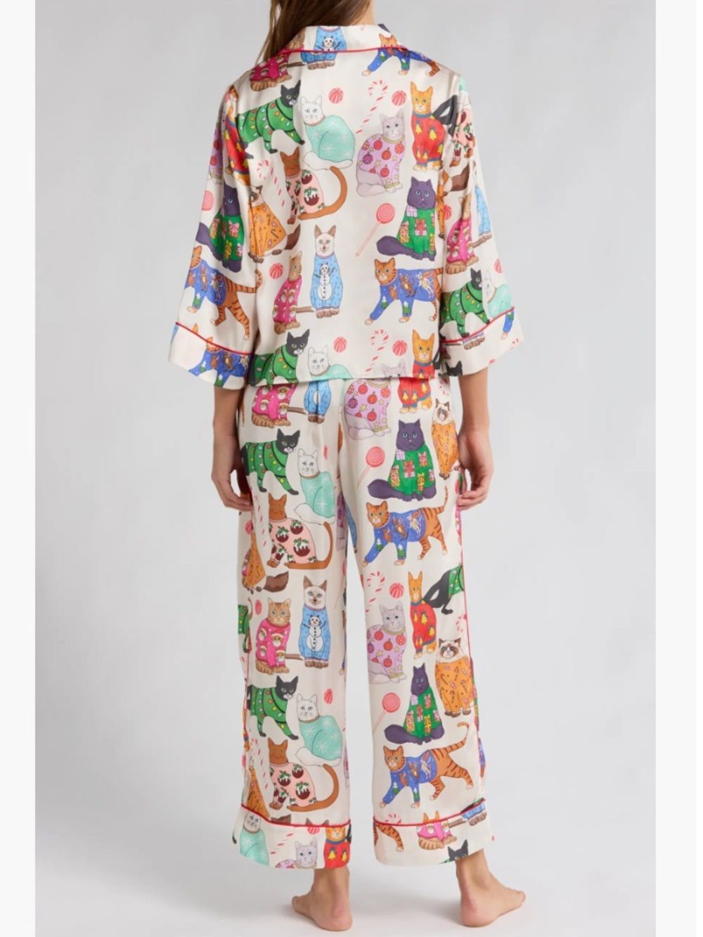 Karen Mabon Christmas Cats in Jumpers Organic Cotton Cream Cat Pajama Set - Picture 2 of 13